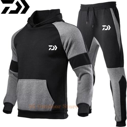 Daiwa Brand Clothing Mens Autumn and Winter Fishing Mens Pullover Hoodie + Pants Two-piece Casual Sportswear Mens Suits