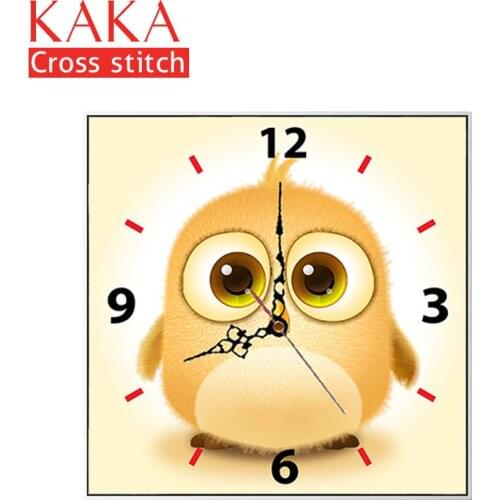 KAKA Cross stitch kits,5D Clock Chick Animals,Embroidery needlework sets with printed pattern,11CT canvas,Home Decor Painting