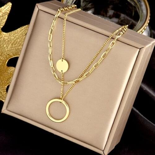 Indelible stainless steel two-layer chain necklace fashion charm two round pendants light luxury gift women jewelry