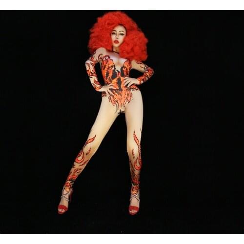 New Jazz/Pole Dancing Clothes Nightclub Female Singer Festival Party Jumpsuit Gogo Dancer Flame Rhinestone Bodysuit DWY5111
