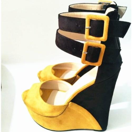 Shoes, womens wedge sandals, , yellow with brown suede, 16cm wedge sandals