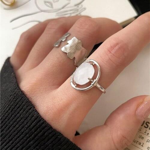 Origin Summer Textured Oval Crystal Irregular Metal Geometric Open Ring Unusual Vintage Adjustable Index Finger Ring Jewelry