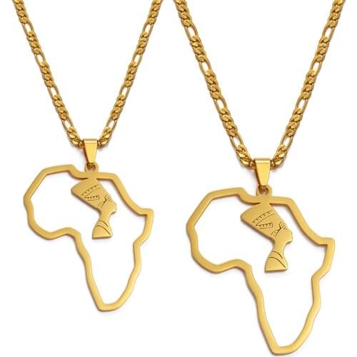 Anniyo Africa Map Egyptian Queen Nefertiti Pendant Necklaces Women Men Jewelry Gold Color Wholesale Jewellery African #124621