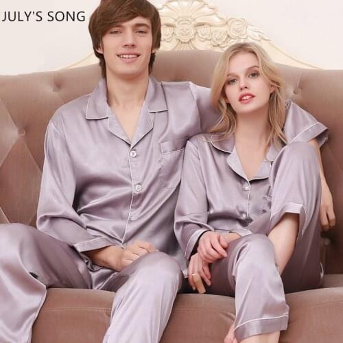 JULYS SONG Couple Faux Silk 2 Pieces Pajamas Set Satin Pure Color Simple Lapel Sleepwear For Male Female Spring Autumn Suit