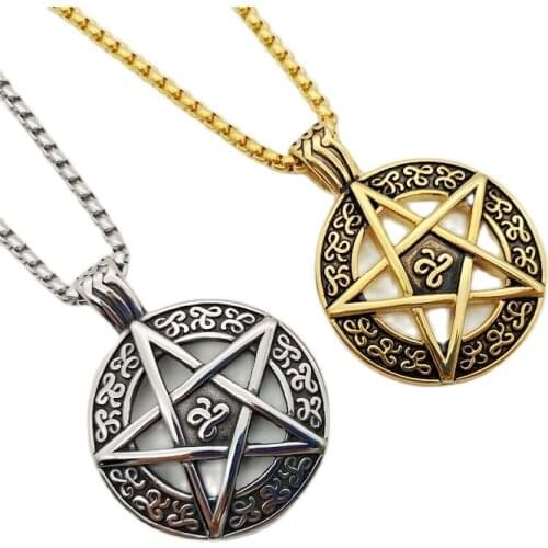 NEW Punk Pentacle Five Point Star Moon Pentagram Charm Pendant Vintage gold Stainless steel men tribe necklace CAGF0179