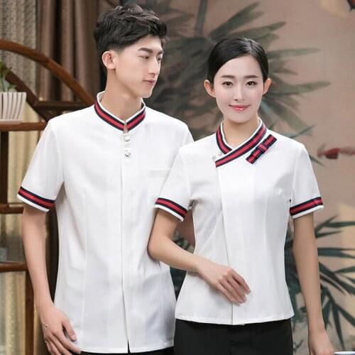 Catering Restaurant Overalls Hotel Dining Waiter Work Clothing Waitress Female Hot Pot Shop Short Sleeves Jacket Uniform H2191
