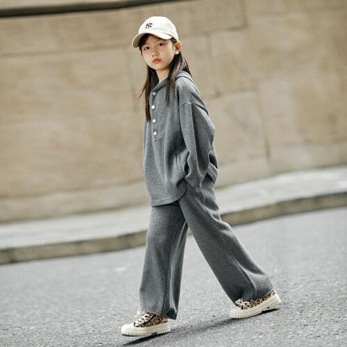 8 10 years Girls Chic Hoodies Clothes Set 2021 Autumn Fashion Grey color Wide-leg Pants 2 pieces Casual Sport Teen Girls Suits