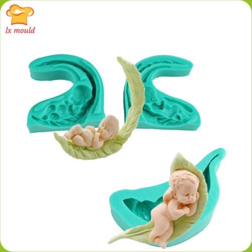 3D Doll Silicone Mold Chocolate Fondant Cake Decoration Baking Silicone Mould for Sleeping Babies on Leaves