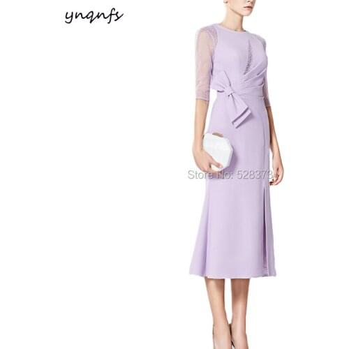 YNQNFS MD201 Vintage Half Sleeves Big Bow Tea Length Mother of the Bride Dresses Groom Outfits Lilac Guest Party Dress 2019