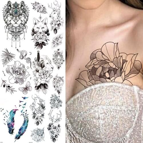 Large Dahlia Flower Temporary Tattoos For Women Girls Realistic Lion Wolf Reindeer Feather Tattoo Sticker DIY Waterproof Tatoos