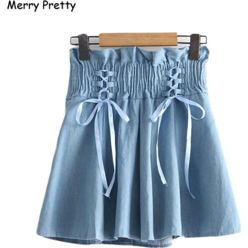 Merry Pretty Denim Womens Lace Up Solid Denim Skirts 2019 Autumn Hight Waist Mini Pleated Skirts Femme Elasticity Jeans Skirt