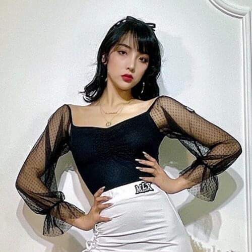 Women Latin Dance Shirt Dancewear Mesh Stitching Puff Sleeve Tops Tango Rumba Dancing Practice Wear Performance Costume YS1228