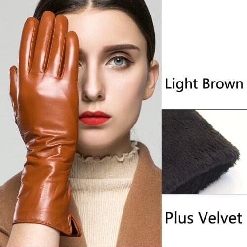 Female Sheepskin Gloves Leather Fashion Elegant Women Gloves Winter Warm Plus Velvet Touch screen Driving Long Gloves Mittens