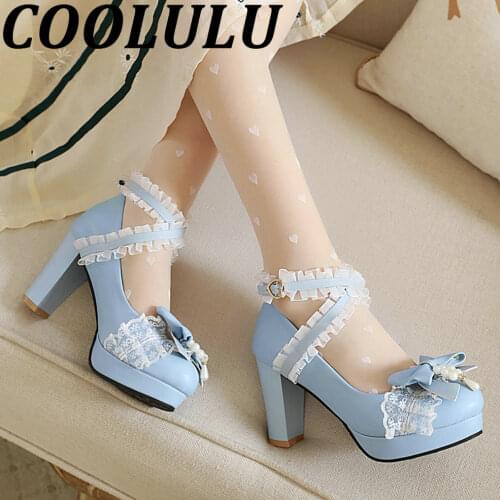 COOLULU 2021 Lolita Pumps Women Block Heel Ankle Strap Pumps Lace Cute Shoes High Heels Criss Cross Strap Pumps for Women