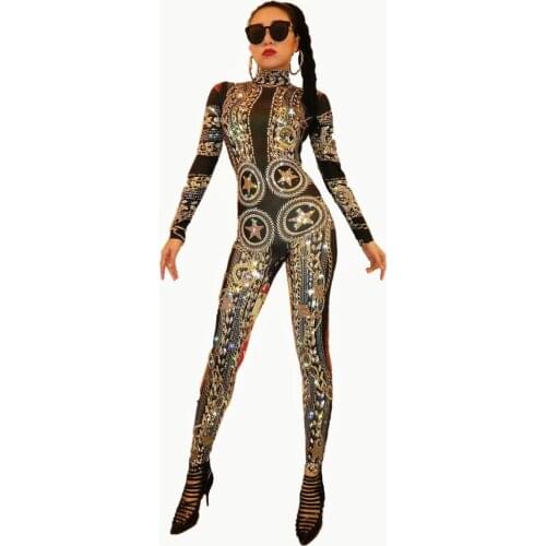 Gold Spandex Printed Stretch Rhinestones Jumpsuit Womens Sexy Bodysuit Costume Stage Outfit Singer Dancer Performance Rompers