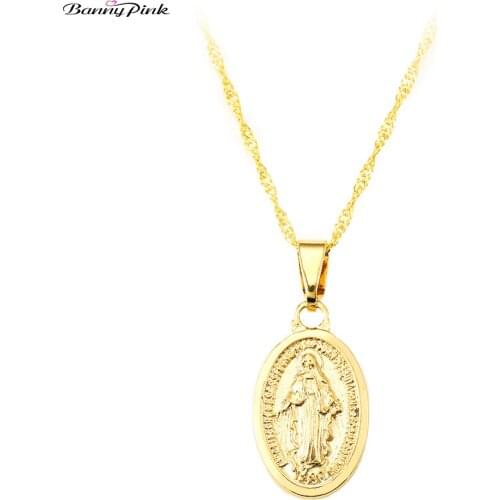 Banny Pink Virgin Mary Pendant Necklace For Women Girls Religious Gold Silver Color Geometric Oval Dangle Chain Choker Colliers