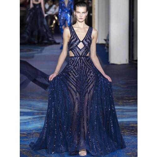 Deep-V Sexy Luxury Formal dress women blue sequin 2021 Sleeveless cut out Evening party club designer dresses runway birthday