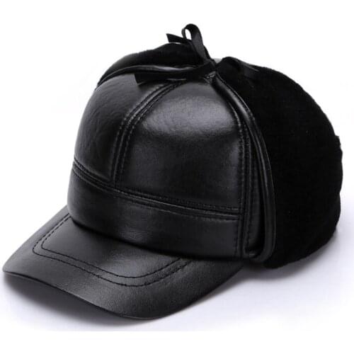 Adult Winter Leather Hat Ear Protection Hat Mens Sheepskin Fur Cap Middle-aged Baseball Cap for Man New Year Gift B-7134
