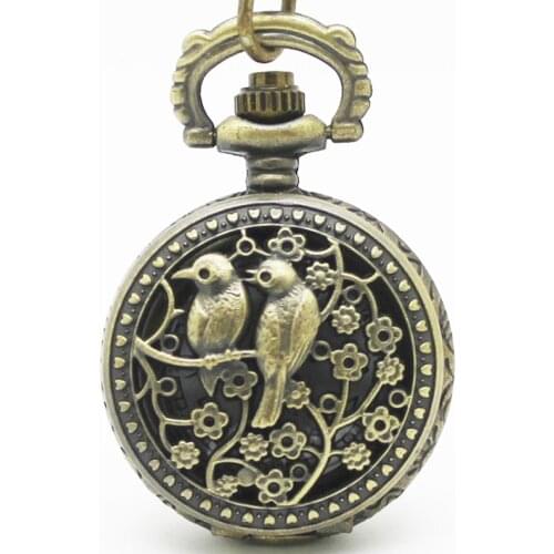 10pcs/lot Wholesale SteamPunk magpie two birds retro FLIP Pocket Watch Necklace pendant promotional gift