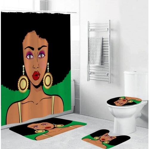 4 Piece Retro African Women Bathroom Shower Curtain Waterproof Non-slip Rugs Carpets Toilet Seat Cover Kitchen/Bath Mat Set