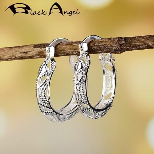 BLACK ANGEL Fashion 925 Sterling Silver Round Carved Pattern Openwork Earrings for Women Wedding Jewelry Gift Drop Earring