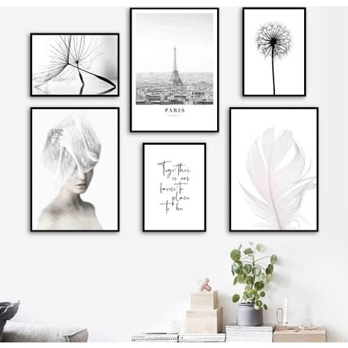 Black White Feather Dandelion Girl Quote Wall Art Canvas Painting Nordic Posters And Prints Wall Pictures For Living Room Decor