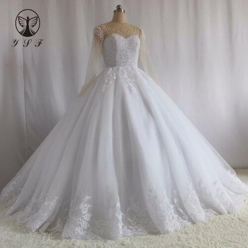 Elegant Vestidos De Novias O Neck Beaded Pearls Sheer Back Buttons Long Sleeve Lace Puffy Wedding Dresses