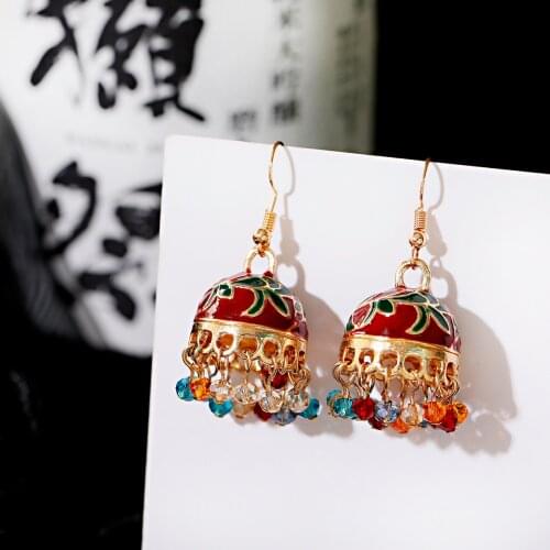 Ethnic Womens Green Beads Tassel Turkish Jhumka Earrings Vintage Leaf Indian Jewelry Gold Bell Dangling Earrings