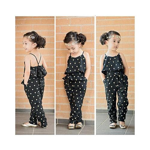 Hot-Selling Baby Kids Girls One-piece Sleeveless Heart Dots Bib Playsuit Jumpsuit T-shirt Pants Outfit Clothes 2-7Y