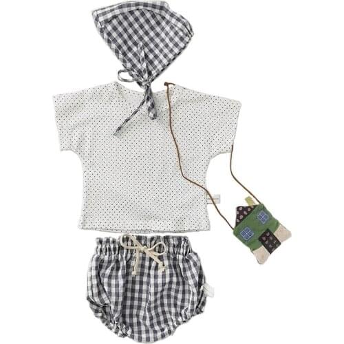 Summer New baby Cotton Jumpsuit Baby Boy Girl Jumpsuit Polka dot clothes Plaid pants and Hat Three-piece childrens Jumpsuit