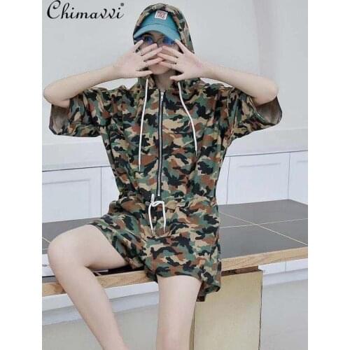 Large Size Fashion Cargo Overalls Suit Female Camouflage Bodysuit Shorts 2021 New Summer Short Sleeve Wide Leg Playsuits