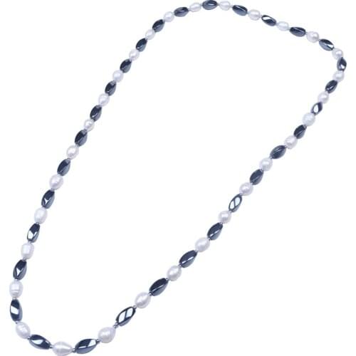 Brief style 100cm white screw thread freshwater pearl with dark grey hematite beads necklace women men necklace