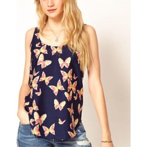 2020 Summer Girls' Womens Butterfly Print Tank Cute Top Vest Chiffon Blouse Sleeveless