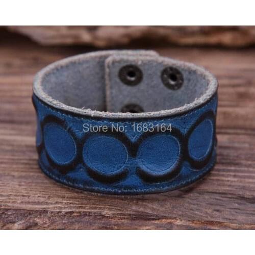 G87 Blue Retro Texture Embossed Quality Leather Wristband Bracelet Wide Cuff Mens
