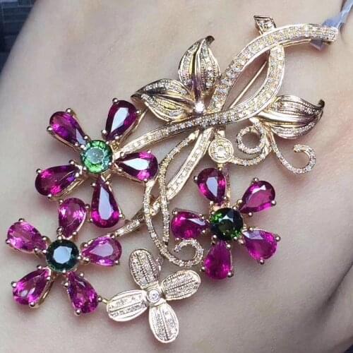 Natural Multicolor tourm brooch Pendant natural gemstone Luxury flowers pendant Two uses S925 silver party jewelry