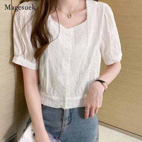 Solid Cardigan Shirts for Women White Tops Blusas Mujer 2021 Summer Square Collar Cotton Lace Women Blouse Office Lady 9777
