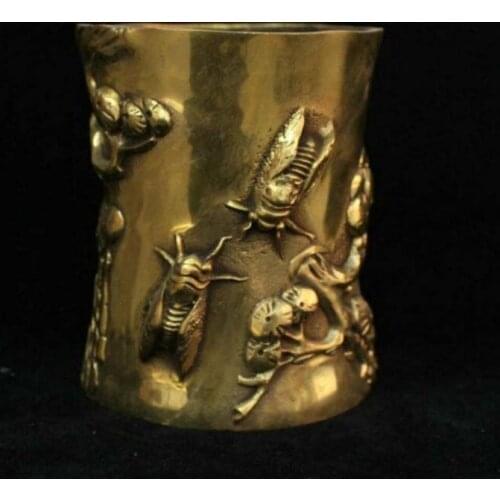 Marked Chinese Bronze Brass Bee Pine Brush Pot pencil vase Statue Sculpture