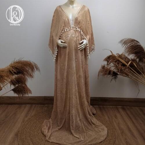 Don&Judy Khaki Maternity Dress For Photo Shoot V-neck Velvet Printing Pregnant Women Photography Party Prom Dress Baby Shower