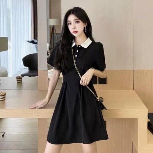 Summer Woman Midi Dress for Ladies Short Sleeve Korean Fashion Simplee Casual Clothes Solid Black Polo Shirt Cute Mini Dresses