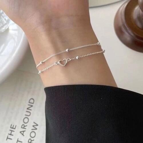 Real 925 Sterling Silver Double Layered Chain Bracelets Love Heart and Ball Beads Bracelet for Women Fine Jewelry