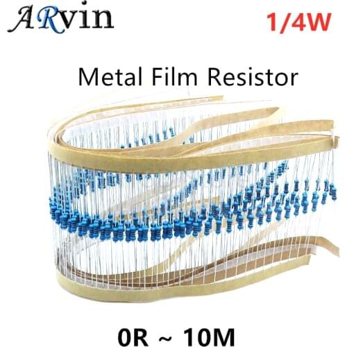 100Pcs 1/4W 0R~10M 1% Metal Film Resistor 0R 0.1 100R 220R 1K 1.5K 2.2K 4.7K 10K 22K 47K 100K 100 220 1K5 2K2 4K7 ohm Resistance