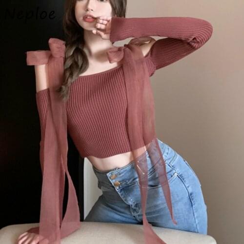 Neploe Sexy Slash Neck Strapless Shoulder Knit Sweater Women Slim Fit Lace Up Bow Design Solid Pull Femme Spring 2021 New Sueter