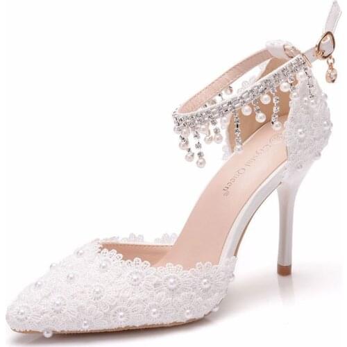 Spring autumn Women Pumps Wedding Dress Shoes Lace pearl Hollow Pointed Toe Thin Heels 9.5CM Delicate Sweet High Heel Shoes
