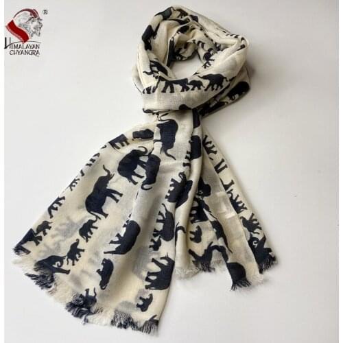 NEPALESE HAND PRINTED 100% MARINO WOOL SCARF SHALW SOFT & WARM THIN FACTORY DIRECT WHITE BASE ELEPHANT PRINT