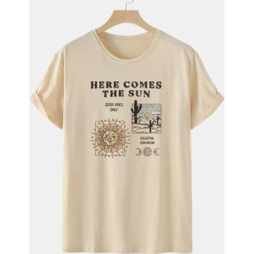 Sun Moon Cactus Khaki Tshirts Women Boho Style Short Sleeve Loose Retro Vintage T Shirt Female Summer Cute Tops Graphic Tee