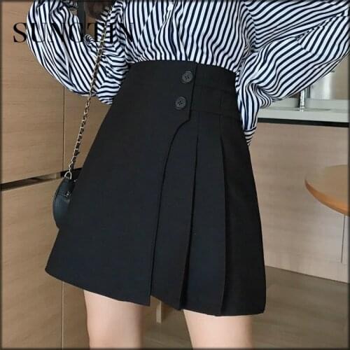 Sungtin New Pleated Skirt Women Black High Waist Mini Skirt Korean with Shorts Underneath Button A Line Plus Size Skirt Uniform