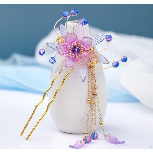 Purple Flowers Tiaras Hairpins Handmade Bridal Crystal Hair Sticks Clips Barrettes Gold Wedding Hair Accessories Chinese Style