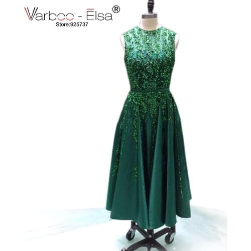 VARBOO_ELSA O-Neck green evening dress crystal prom party dress Sleeveless Pearls tea length heavy beads Saudi Arab Dress 2021