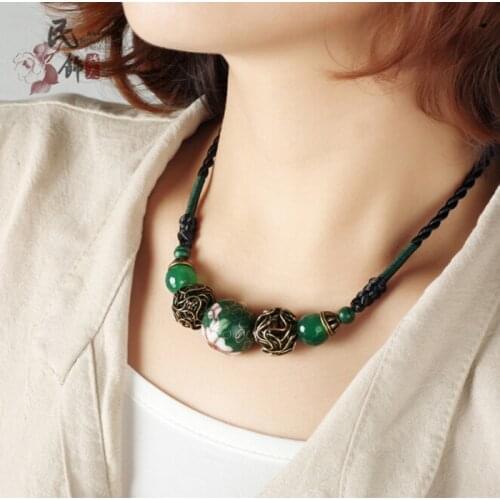 Cloisonne vintage style jewelry green beads choker necklace ancient copper color necklace women gift 0323