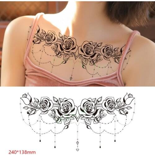 Waterproof Temporary Tattoo Sticker Flower Rose Necklace Element on Back Tatto Breast Flash Tatoo Fake Tattoos for Women